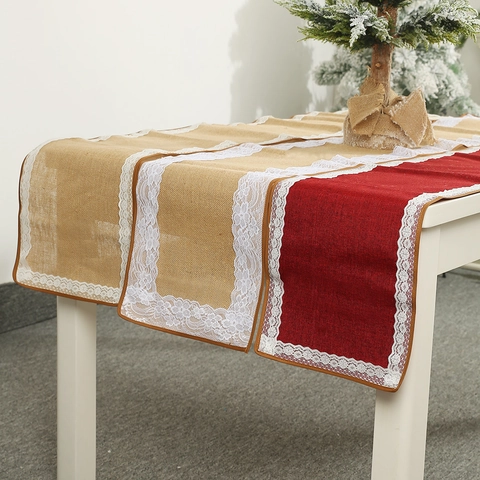 Christmas Burlap Table Runner With White Lace Trim Red Natural Linen Table Cloth For Holiday Dining Party Table Decoration