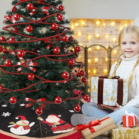 Weihnachtsbaumdecke Weihnachtsmann Schneemann Schneeflocke Muster Sackleinen-Einfassung Kerstbaum Deko Feiertag Heimtextilien