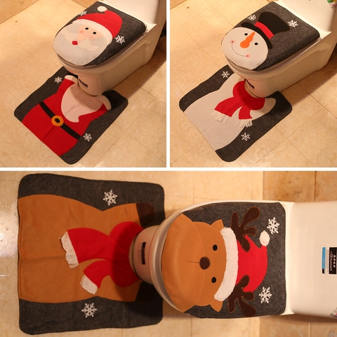 Ensemble de Couvre-Siège de Toilette de Noël 2 Pièces Motif Père Noël Bonhomme de Neige Renne Flanelle Décor de Salle de Bain
