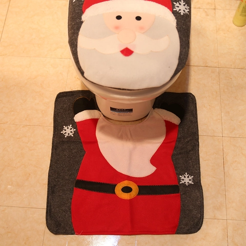 Ensemble de Couvre-Siège de Toilette de Noël 2 Pièces Motif Père Noël Bonhomme de Neige Renne Flanelle Décor de Salle de Bain