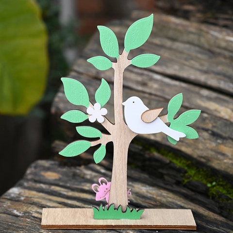 Ornement de Bureau Arbre de Pâques en Bois Minimaliste Décoration de Table Printanière Avec Motif Oiseaux et Fleurs Maison