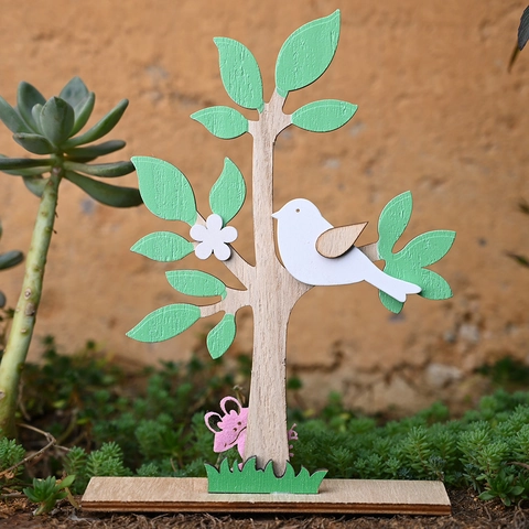 Ornement de Bureau Arbre de Pâques en Bois Minimaliste Décoration de Table Printanière Avec Motif Oiseaux et Fleurs Maison