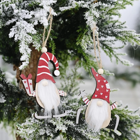 Nordische Weihnachten Holz Gnom Hängende Anhänger Handmade Tomte Ornament Mit Gestreift Herz Hut Christbaum Schmuck