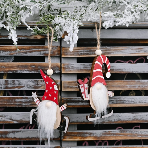Nordische Weihnachten Holz Gnom Hängende Anhänger Handmade Tomte Ornament Mit Gestreift Herz Hut Christbaum Schmuck
