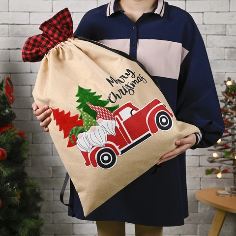 Grande Sacchetto Regalo di Natale in Finto Lino con Coulisse Motivo Camion Rosso Gnomi Quadri Custodia per Dolci Natalizi