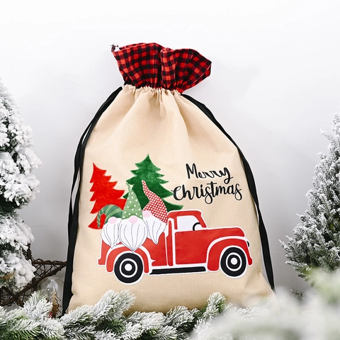 Grande Sacchetto Regalo di Natale in Finto Lino con Coulisse Motivo Camion Rosso Gnomi Quadri Custodia per Dolci Natalizi
