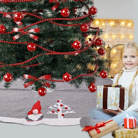 Gonna per Albero di Natale con Gnomo Iuta Grigia Applicazione Pompon Motivo Albero Bianco Decorazione per Feste Natalizie