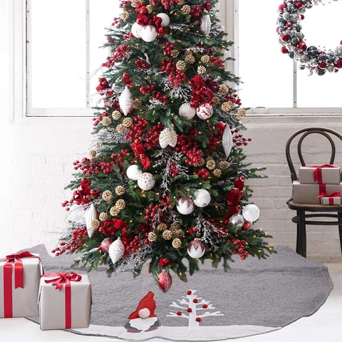 Gonna per Albero di Natale con Gnomo Iuta Grigia Applicazione Pompon Motivo Albero Bianco Decorazione per Feste Natalizie