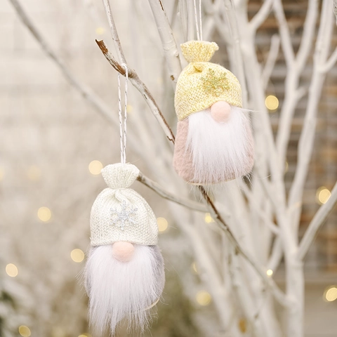Christmas Gnome Hanging Ornaments With Wood Base Faceless Plush Doll Knit Snowflake Hat Nordic Holiday Tree Decoration