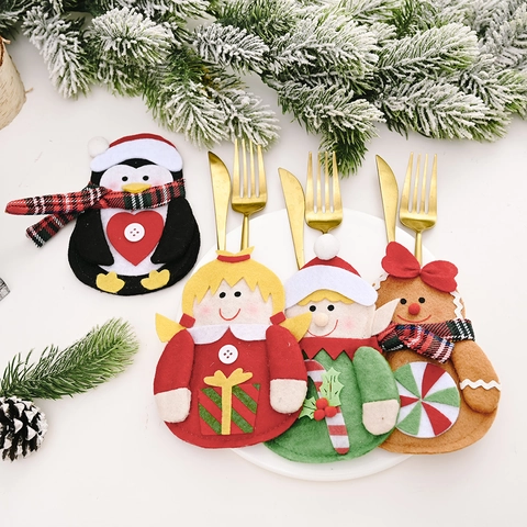 Portaposate di Natale in Tessuto Non Tessuto Omino di Pan di Zenzero Pinguino Elfo Angelo Tavola Decorazione Festiva