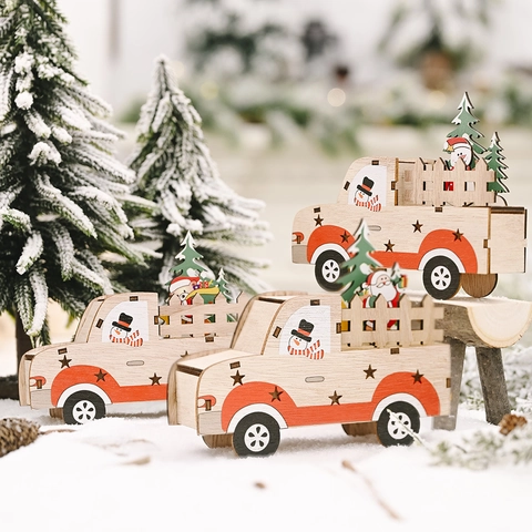 Wooden Christmas Truck Ornament DIY Wood Car Table Decoration With Santa Snowman Star Hollow Design For Xmas Party Home Decor