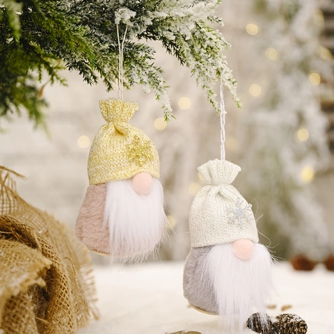 Christmas Gnome Hanging Ornaments With Wood Base Faceless Plush Doll Knit Snowflake Hat Nordic Holiday Tree Decoration