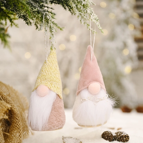 Ornamenti da Appendere Gnomo Senza Volto di Natale Scandinavo Con Base in Legno Barba Lunga Rosa Giallo Bambola Elfo Decorazioni Albero