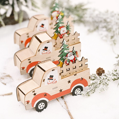Wooden Christmas Truck Ornament DIY Wood Car Table Decoration With Santa Snowman Star Hollow Design For Xmas Party Home Decor