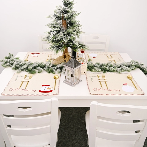 Christmas Linen Placemat With Cutlery Slot Embroidered Santa Snowman Pattern Red Whipstitch Table Mat For Festive Dinner
