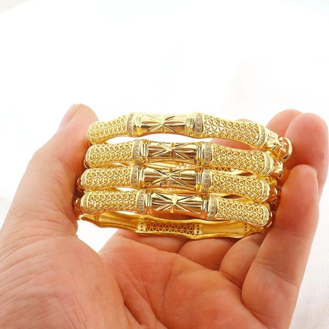 18K Gold Plated Copper Bamboo Joint Bangle Hollow Out Starburst Design Zircon Inlaid Indian Bride Jewelry For Women