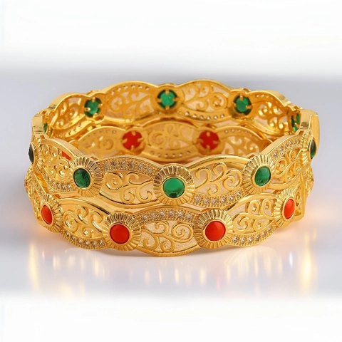 Vintage Palace Style Hollow Copper Bangle 18K Gold Plated With Zirconia Red Green Artificial Gemstone Jewelry For Women
