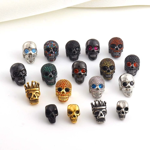 Copper Skull Beads With Micro Pave Rhinestone Halloween Jewelry Accessories Punk Hip Hop Skull Charm Beads For Bracelet DIY Making