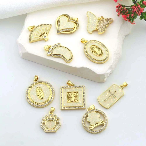 Fashion Copper Gold Plated Artificial Opal Pendant Rhinestone Inlaid Cross Heart Butterfly Fan Shape For Women DIY Jewelry Making