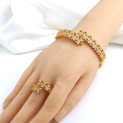 Luxury Gold Plated Copper Bangle And Open Ring With Zirconia Leaf Wheat Ear Design For Women Fashion Jewelry Accessories