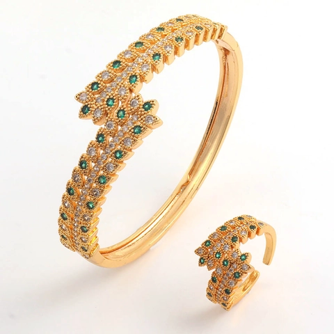 Luxury Gold Plated Copper Bangle And Open Ring With Zirconia Leaf Wheat Ear Design For Women Fashion Jewelry Accessories