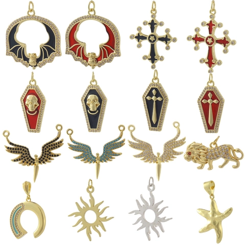 Gothic Hip Hop Copper Pendant For Jewelry Making Enamel Rhinestone Bat Cross Coffin Skull Lion Horseshoe Sun Starfish DIY Charm