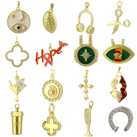 Copper Zircon Hip Hop Pendants For DIY Bracelet Necklace Making Evil Eye Cross Heart Earphone Coffee Cup Charms Jewelry Findings