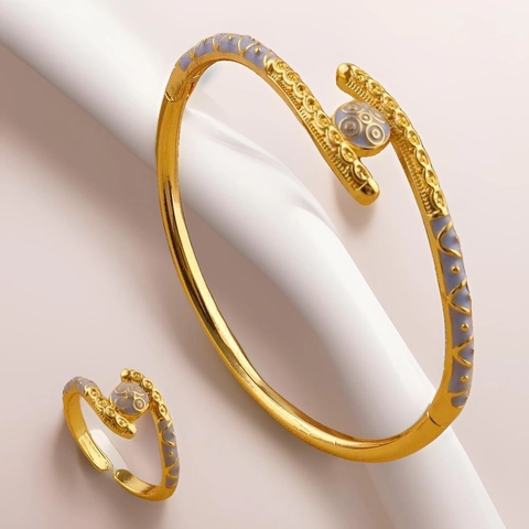 Retro Paleisstijl Verguld Koperen Emaille Armband Ring Set Voor Dames Dubai Bruiloft Sieraden Evil Eye Geometrische Sieradenset