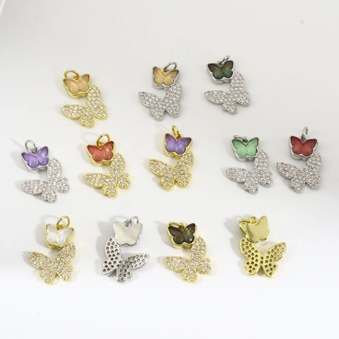 DIY Copper Double Butterfly Pendant Rhinestone Micro Pave Enamel Drip Oil Charms For Bracelet Necklace Jewelry Accessories