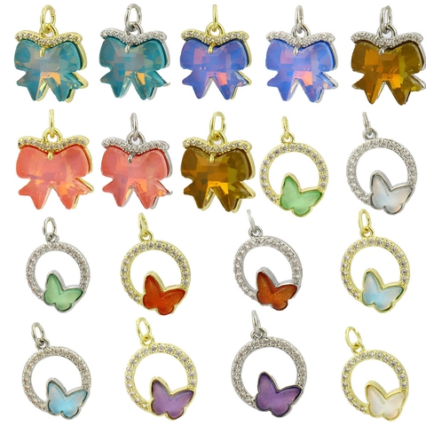 Copper Rhinestone Butterfly Bow Pendant DIY Jewelry Accessory Colorful Crystal Butterfly Charm For Necklace Bracelet Making Women Gift