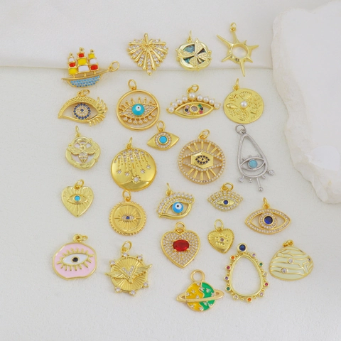 Copper DIY Jewelry Pendant Charms Evil Eye Heart Sailboat Bee Saturn Star Charms With Rhinestone Artificial Pearl Gold Plated Jewelry Making Accessories