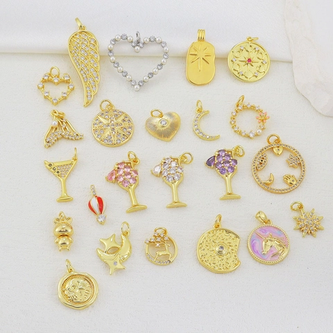 Copper Rhinestone Charms For Jewelry Making DIY Heart Wine Glass Hot Air Balloon Feather Pendant Accessories For Women