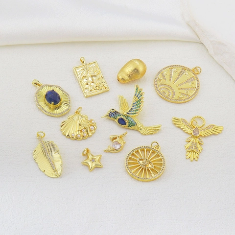 Vintage Copper Zirconia Charm Pendant For DIY Jewelry Making Hummingbird Feather Shell Star Evil Eye Angel Pendant Only