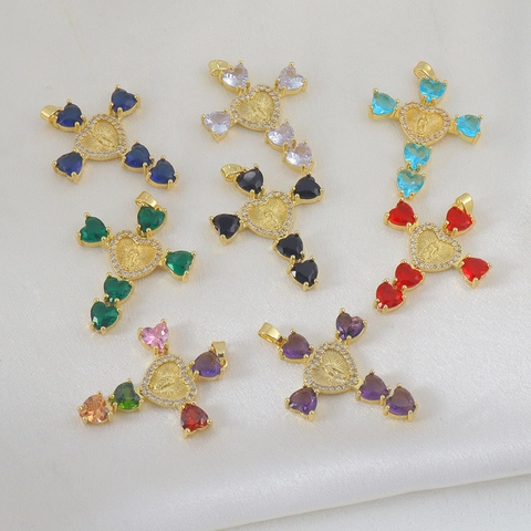 Pendentif Croix Vierge Marie en Cuivre Plaqué Or Avec Zirconia Coloré en Cœur Bijoux Religieux pour Femme DIY Collier