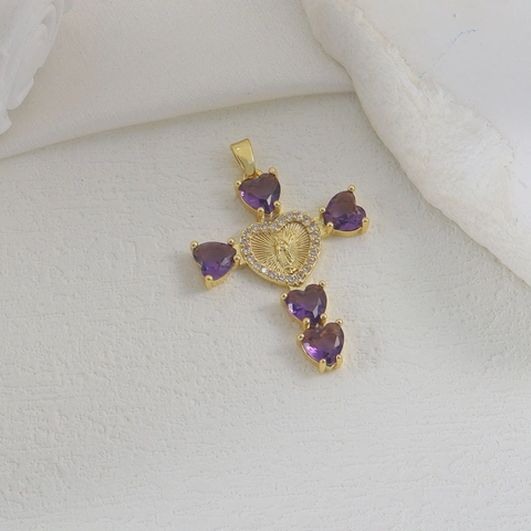 Pendentif Croix Vierge Marie en Cuivre Plaqué Or Avec Zirconia Coloré en Cœur Bijoux Religieux pour Femme DIY Collier