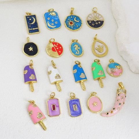 Copper Enamel Drip Oil Pendants For Jewelry Making Star Moon Seahorse Crown Ice Cream Shape Rhinestone Charms DIY Accessories