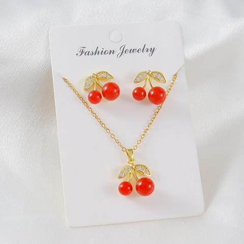 Fashion Copper Cherry Jewelry Set Red Fruit Rhinestone Pendant Necklace And Stud Earrings For Women Sweet Fruit Style