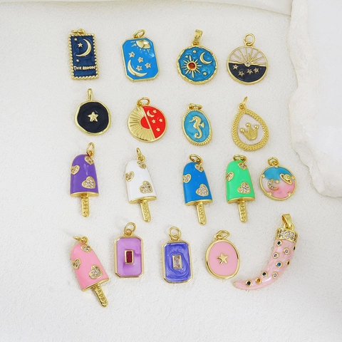 Copper Enamel Drip Oil Pendants For Jewelry Making Star Moon Seahorse Crown Ice Cream Shape Rhinestone Charms DIY Accessories