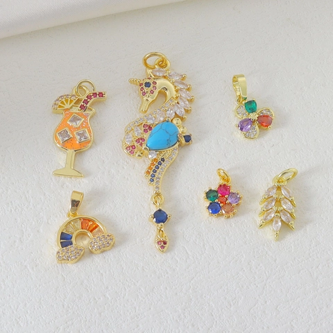 Copper Micro Pave Multicolor Rhinestone Pendants For DIY Jewelry Making Seahorse Rainbow Flower Cocktail Cups Charms Accessories