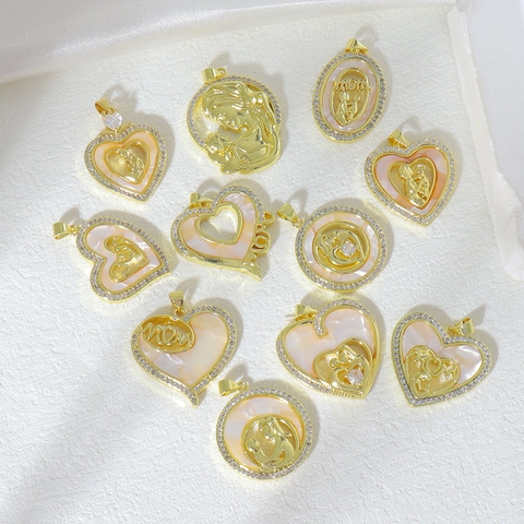 Mother's Day Copper Pendant With Zircon Mother Of Artificial Pearl Shell Heart Round Oval Shape Mother Child Theme Jewelry Pendant