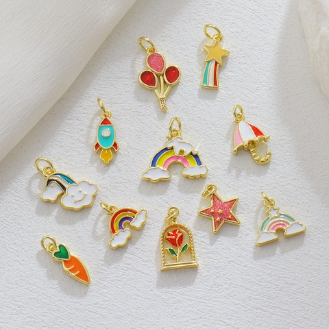 Enamel Cartoon Pendant Charms Copper Gold Plated Rainbow Rocket Rose Balloon Carrot Jewelry Making Accessories For Necklace Bracelet DIY