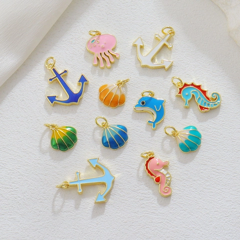 Enamel Copper Sea Creature Heart Evil Eye Pendants For DIY Jewelry Making Seahorse Shell Anchor Dolphin Charm