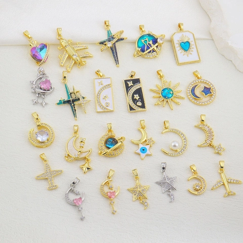 DIY Copper Enamel Pendant Rhinestone Star Moon Airplane Cat Heart Shape Charms For Necklace Bracelet Jewelry Making Women
