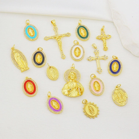 Pendentif Religieux en Cuivre Plaqué Or Vierge Marie Jésus Croix pour la Fabrication de Colliers et Bracelets DIY Accessoires Bijoux en Strass