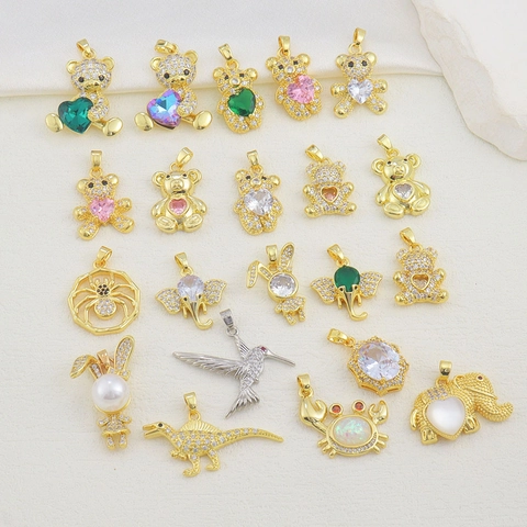 Hip Hop Animal Heart Bear Elephant Dinosaur Pendant Copper Rhinestone Pave Charms For DIY Necklace Keychain Making Women Men
