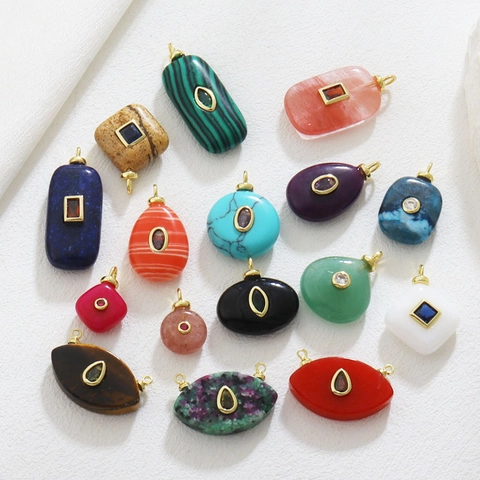 Bohemian Vintage Copper Natural Stone Inlaid Rhinestone Pendants For DIY Necklace Bracelet Earrings Jewelry Making Charms