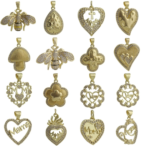 DIY Gold Plated Copper Pendants Bee Heart Mom Mama Cross Mushroom Shape Charms For Necklace Bracelet Rhinestone Jewelry Findings