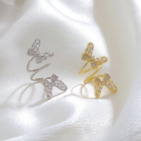 Anello Aperto Bypass in Rame Zirconia Doppia Farfalla Per Donna Regolabile Placcato Oro Argento Gioielli di Moda Anello