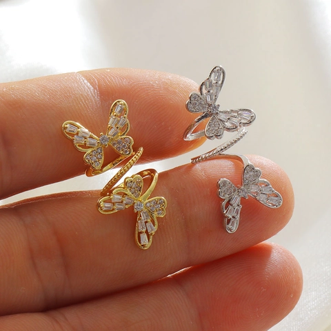 Anello Aperto Bypass in Rame Zirconia Doppia Farfalla Per Donna Regolabile Placcato Oro Argento Gioielli di Moda Anello
