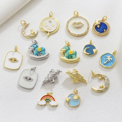 Colgantes de Aleación y Cobre Esmaltados DIY Con Zirconia Bañados en Oro 18K Pájaro Arcoíris Luna para Crear Joyas
